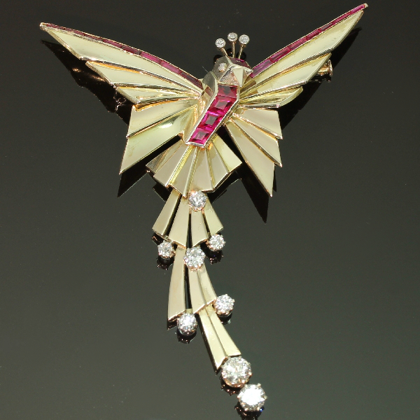 French gold retro brooch bird of paradise with rubies and diamonds
